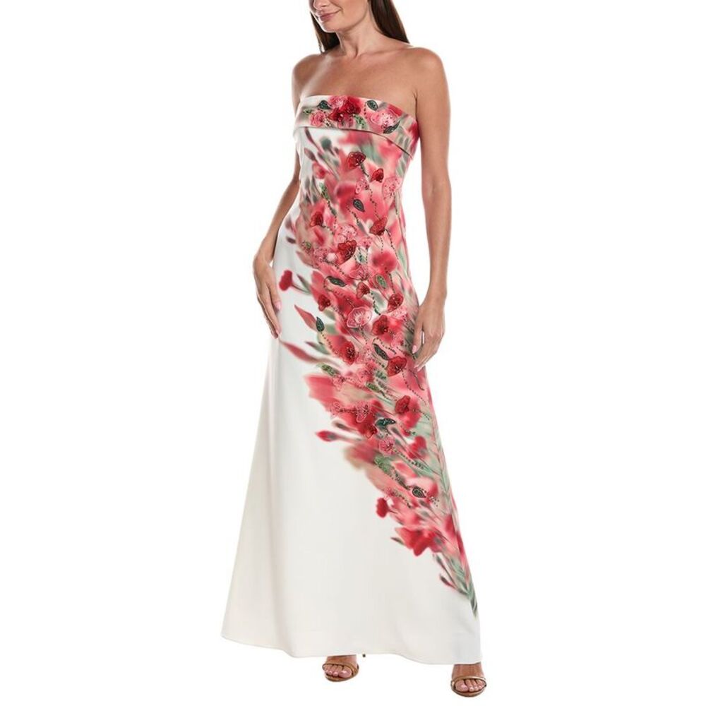 Badgley Mischka Womens  Floral Placement Strapless Column Gown, White
